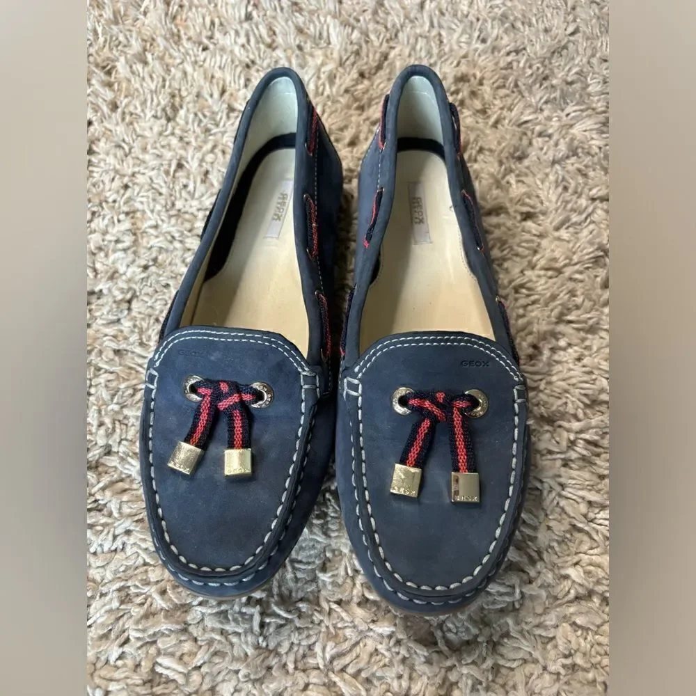Geox EUC blue/red suede threaded detail loafers/boat shoes Size 41